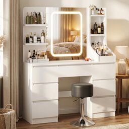 110Cm Desktop Grey Dressing Table 3 Colorful Light Makeup Vanity Table With Stool