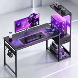 138 x 48 cm Gaming Desk with LED Lights, Carbon Fibre White, Reversible Computer Desk with Drawers & Display Shelves, Gaming Table for Home Office & S