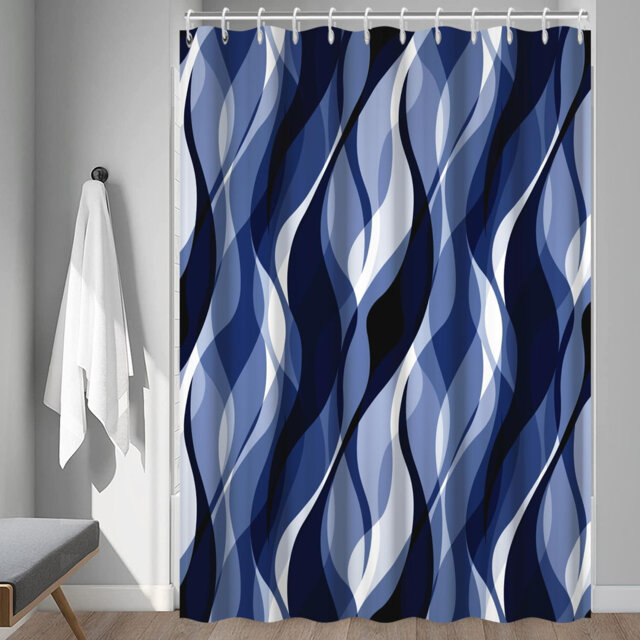 Navy Pack of 1 Modern Abstract Black and Grey Striped Shower Curtain Set with Hooks