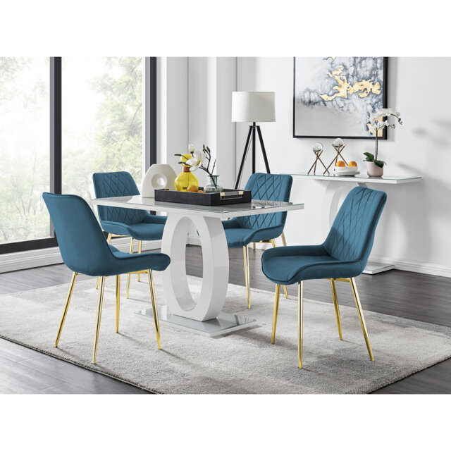 Scottsmoor Modern High Gloss & Glass Dining Set - 4 Luxury Velvet Mid-Century Upholstered Chairs