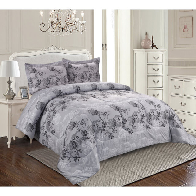 Printed Bedspreads 3 Piece Trendy Silver Comforter Bed Throw with Matching Pillow Shams