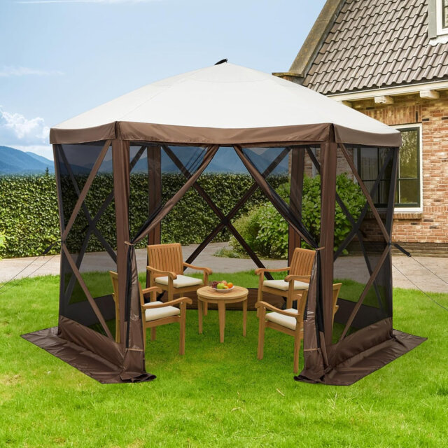 305X305 cm Pop-Up Gazebo Tent with 6 Side Mosquito Netting Height Adjustable Canopy Folding Shelter Includes Carry Bag Wheels, for Patio Backyard Lawn