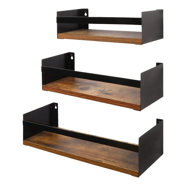 Black Floating Shelves For Wall Set Of 3, Industrial Thick Wall Shelves With Iron Rails Brackets For Bathroom Storage Kitchen Spice Rack Bedroom Livin