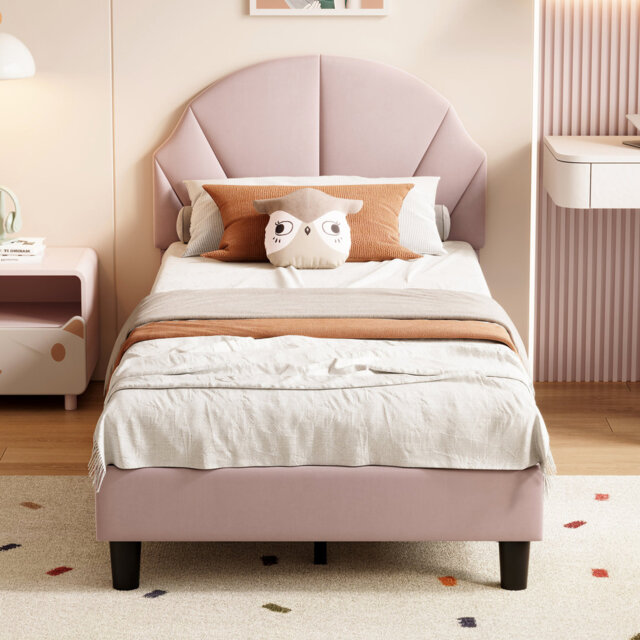 3Ft Single Bed Frame Kids Bed, Soft Velvet Upholstered Bed With Adjustable Height Headboard, Platform Bed Frame With Solid Wood Slats, Easy Assembly,