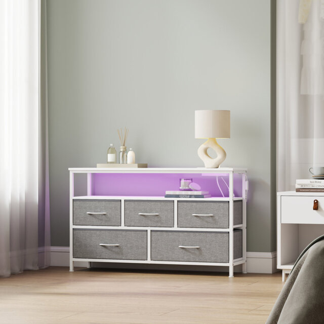 Dresser With LED Lights, 5 Drawers And Charging Station, Chest Of Drawers For Bedroom, Brown And Black