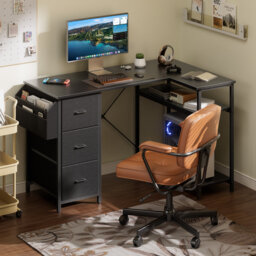 L-Shaped Computer Desk with Storage Bag & 3 Fabric Drawers, Modern Home Office Corner Desk with Storage Shelves, Space-Saving Workstation for Bedroom,