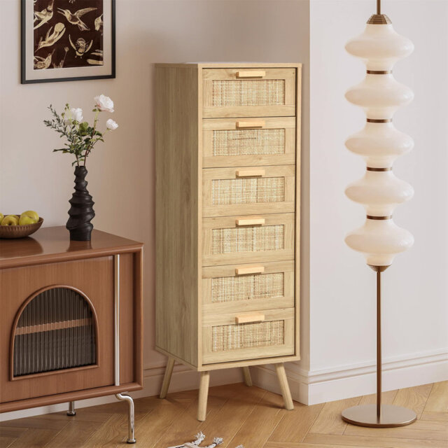 Rattan Chest Of Drawers Bedroom, Tall Chester Of Drawers With 6 Hand Made Rattan Decorated Drawers For Bedroom, Small Bedside Cabinet With Wood Legs,