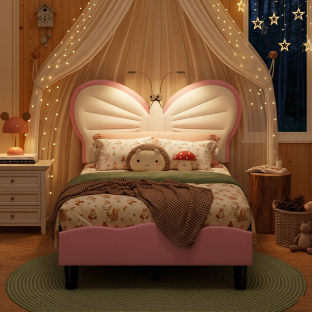 Kids Upholstery Butterfly Bed, Mixed Velvet & PU Leather Headboard With LED Antennae Lights & Adjustable Height, European Single (90 X 200 cm)