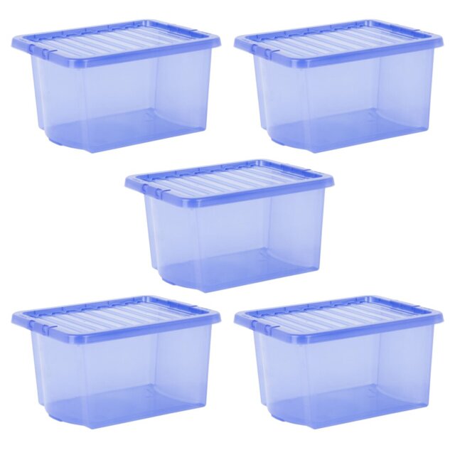Wham Crystal 28L Plastic Storage Boxes Set of 5 Tint Spectrum Blue