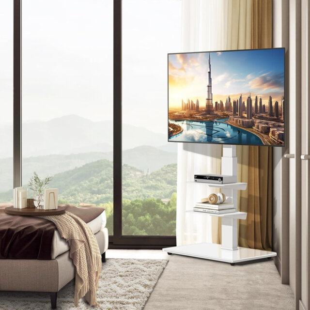 TV Floor Stand with Tempered Glass Base for 32-70 inch , White TV Stand Max VESA 400x400mm, holds 50kgs