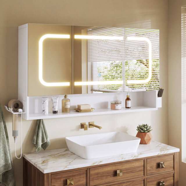 LED Mirror Cabinet, Wall Mounted Bathroom Vanity Cabinet with Backlit Anti-Fog LED Mirror