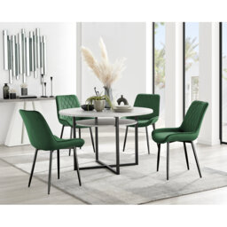 Adler Modern Concrete Effect Round Dining Table Set with Shelf & 4 Luxury Velvet Dining Chairs