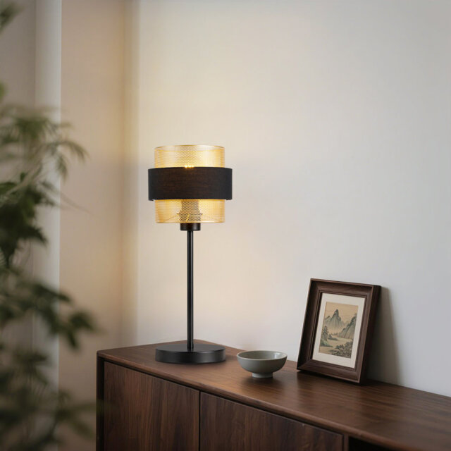 Modern Bedside Table Lamp, Black Fabric And Gold Mesh Metal Shade