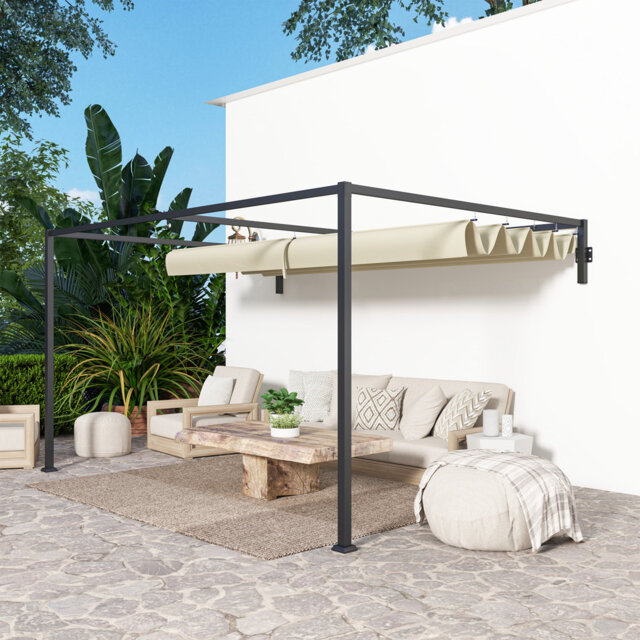 3 X 4m Wall-mounted Steel Pergola With Retractable Canopy, Powder Coated Frame, Drainage Grommet Holes, Complete Mounting Accessories, Outdoor Garden