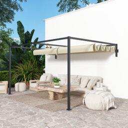 3 X 4m Wall-mounted Steel Pergola With Retractable Canopy, Powder Coated Frame, Drainage Grommet Holes, Complete Mounting Accessories, Outdoor Garden