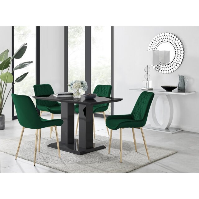 Edzard Double Pedestal High Gloss Dining Table Set with 4 Luxury Velvet Dining Chairs