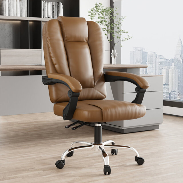 Mid-Back PU Leather Swivel Office Chair, Executive Chair with Adjustable Lumbar Support, Soft Padded Armrests
