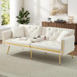 Two-seater Convertible Sofa Bed With Adjustable Backrest And Cup Holders Velvet Black