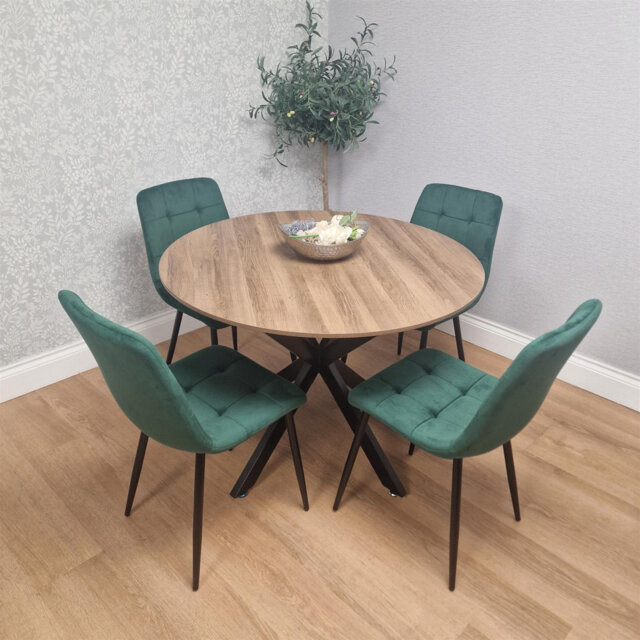 4 Seater Round Dining Table with Wood Effect Tabletop Black Metal X Shaped Legs & 4 Velvet Chairs for Kitchen Dining Room Furniture Set