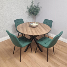 4 Seater Round Dining Table with Wood Effect Tabletop Black Metal X Shaped Legs & 4 Velvet Chairs for Kitchen Dining Room Furniture Set