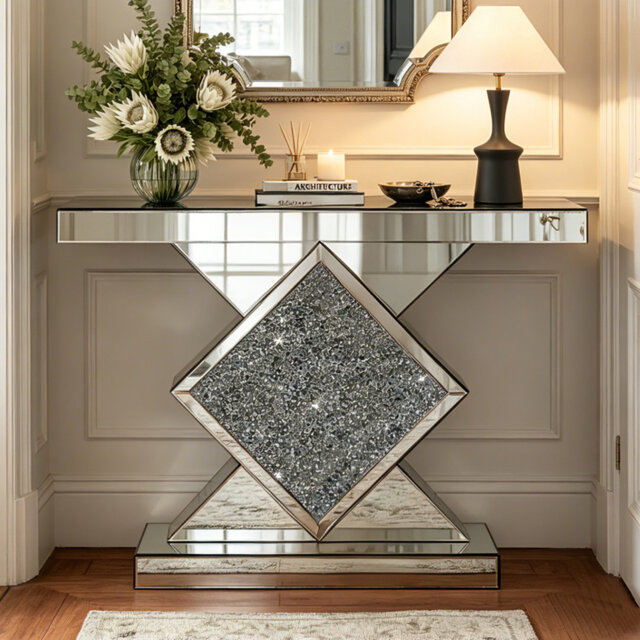 Andreja 120cm Mirrored Glass Console Table with Crushed Diamond Inlay for Behind Sofa Couch Entryway Mirrored Home Decor