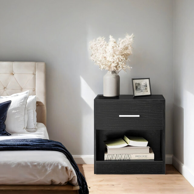 Bedside Table, Side Table with Drawer, Handle, Open Compartment
