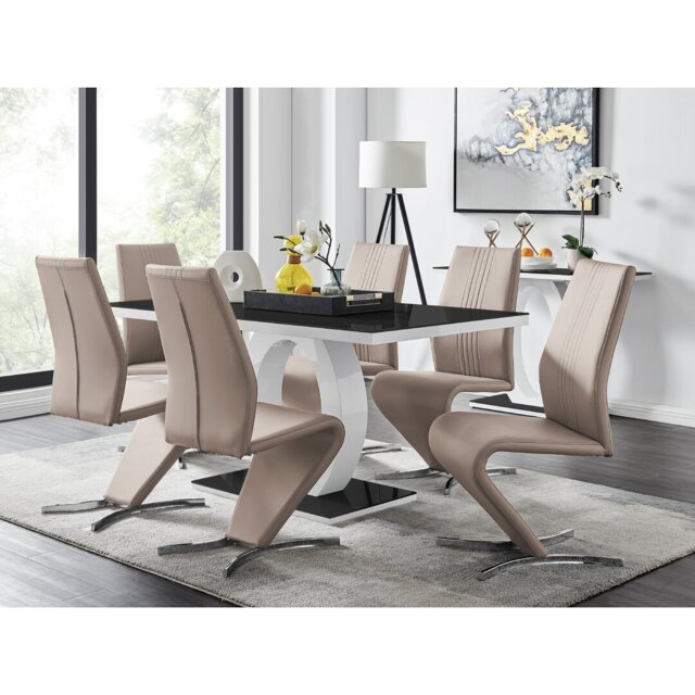 Scottsmoor Modern High Gloss & Glass Dining Table with 6 Luxury Faux Leather Chairs