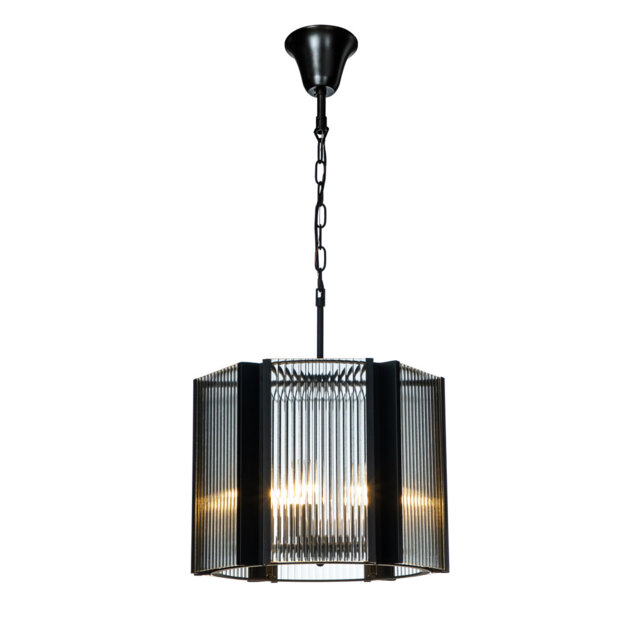 Afomia 6-Light 45cm Black Modern Lantern Drum Chandelier with Clear Fluted Glass Accents