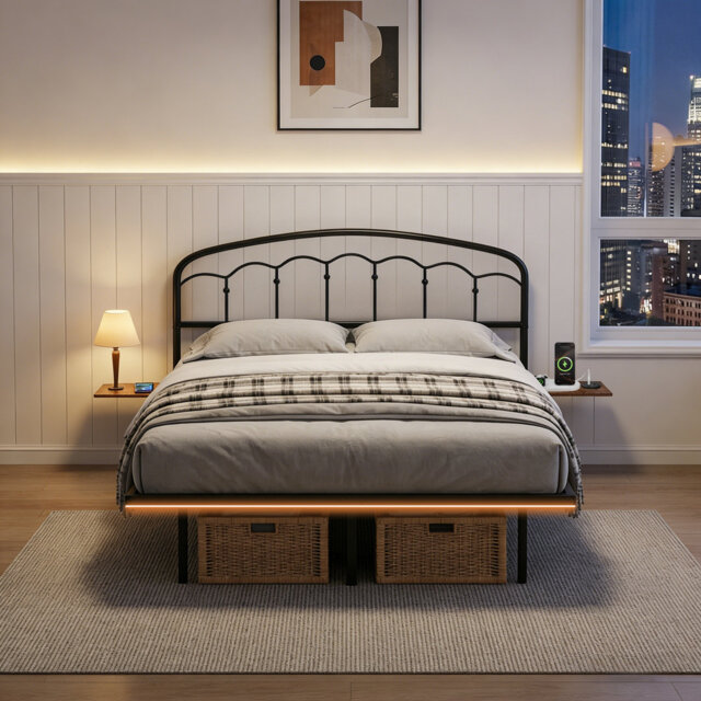 Aether Floating Double Bed Frame With USB-C Charging, LED Lights, Heavy Duty Steel Slats Support, No Box Spring Needed