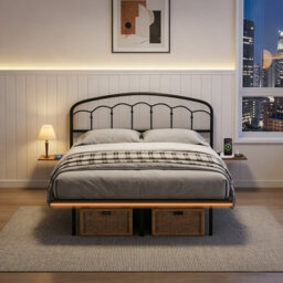 Aether Floating Double Bed Frame With USB-C Charging, LED Lights, Heavy Duty Steel Slats Support, No Box Spring Needed