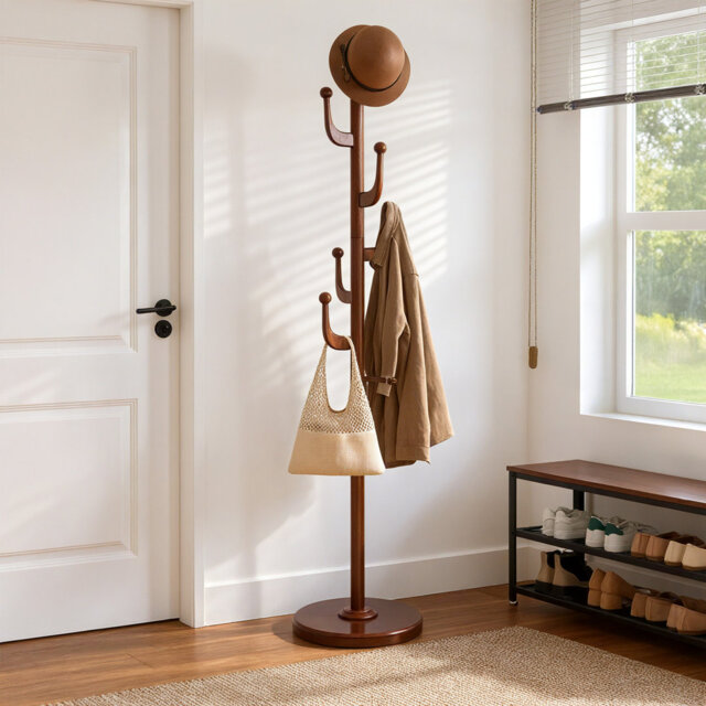 Wooden Coat Rack Freestanding - Heavy Duty Coat Tree Stand, 5 Hooks 82KG Capacity