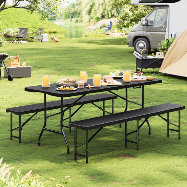 6Ft Folding Table And Bench Set, 3-Piece Outdoor Garden Dining Set For 6-8 People, Portable Picnic Camping Table With 2 Benches, Weather Resistant, Me