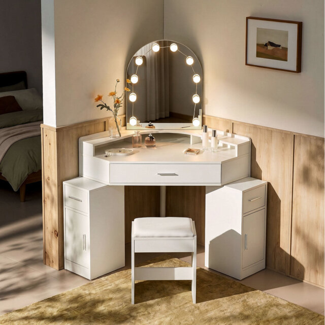 Corner Dressing Table with Stool, Makeup Vanity Desk with Charging Socket and LED Mirror