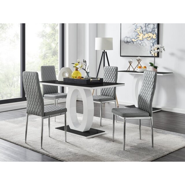 Scottsmoor High Gloss Halo Dining Table Set & 4 Luxury Faux Leather Dining Chairs - Modern Design