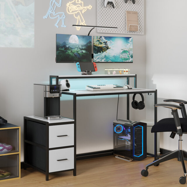 Gaming Desk with LED Lights, Reversible Computer Desk with 2 Fabric Drawers, Gaming Table with Monitor Stand & Power Outlet for Study Room Home Office