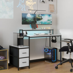 Gaming Desk with LED Lights, Reversible Computer Desk with 2 Fabric Drawers, Gaming Table with Monitor Stand & Power Outlet for Study Room Home Office
