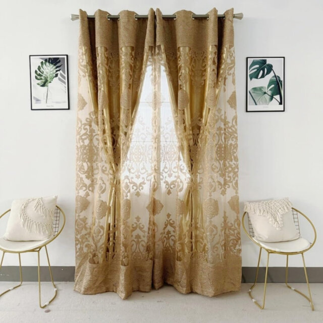 Gold 1 Pair Luxury Double Layered Blackout Curtains Embroidered Curtains (167 x 260 cm)