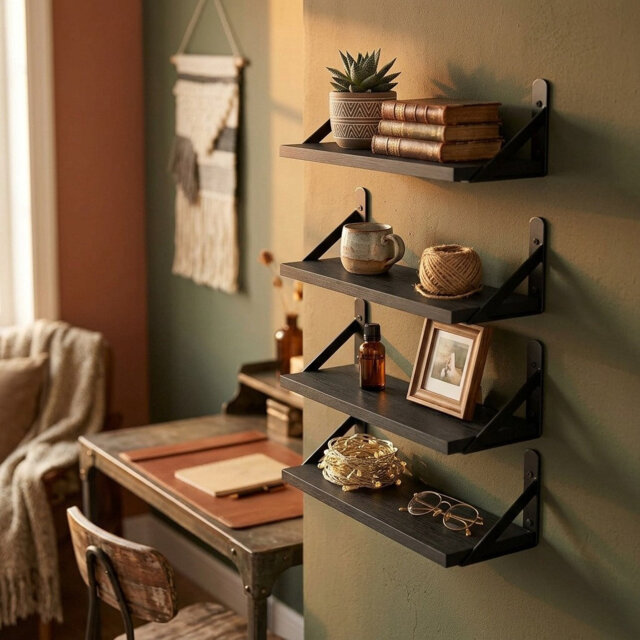 Modern Black Wood Floating Shelves - Set of 4 Wall Storage & Decor