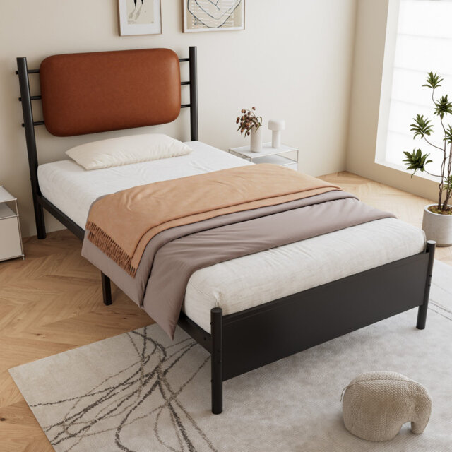 Black Metal Bed with PU Upholstered Headboard, Reinforced Iron Slats, Sturdy & Easy-Clean