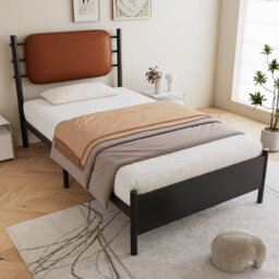 Black Metal Bed with PU Upholstered Headboard, Reinforced Iron Slats, Sturdy & Easy-Clean