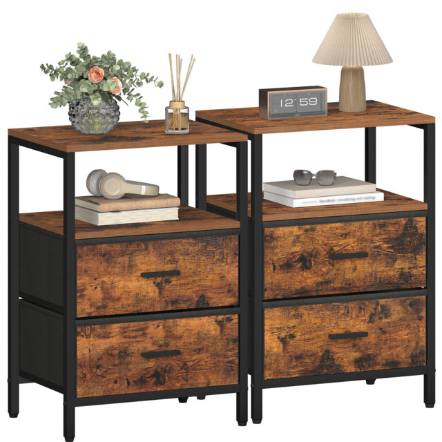 Bedside Table Side End Table with 2 Fabric Storage Drawers, Bedside Cabinet with Open Storage Shelf, Nightstand for Bedroom, Livingroom
