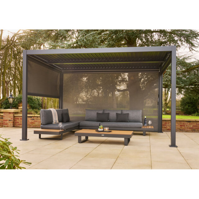 Nexus Grey Aluminium Pergola 3m x 4m with LEDs and 3 Pull Down Screens