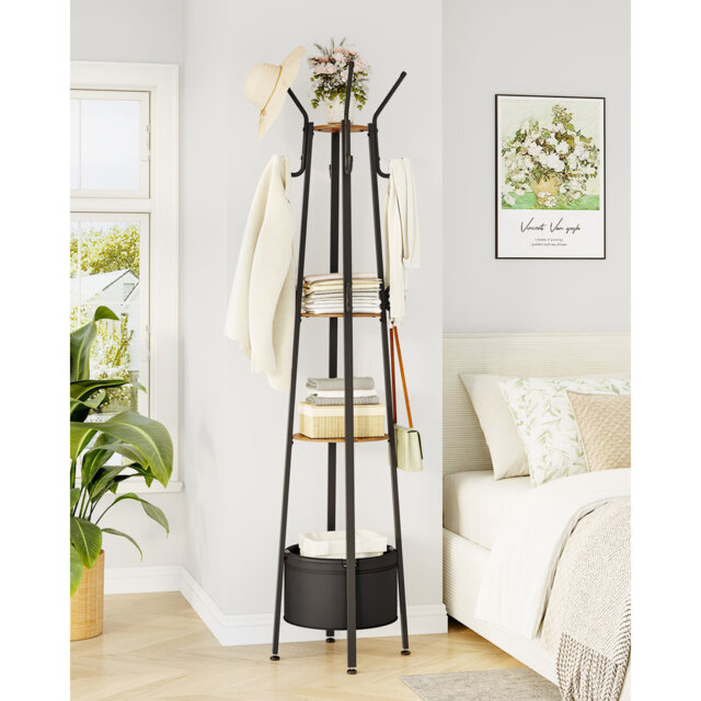 Coat Stand, Coat Rack with 16 Hooks and 1 Basket, Metal Coats Hall Tree for Scarves, Bags, Hats, FreeStanding, Hallway, Living Room, Bedroom, Office