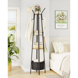 Coat Stand, Coat Rack with 16 Hooks and 1 Basket, Metal Coats Hall Tree for Scarves, Bags, Hats, FreeStanding, Hallway, Living Room, Bedroom, Office