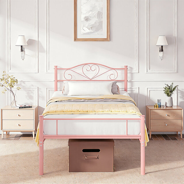 Single Double Platform Bed Frame, Metal Beds with Headboard and Footboard, Heavy Duty Steel Slats Support, Black/Pink