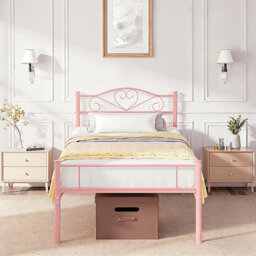 Single Double Platform Bed Frame, Metal Beds with Headboard and Footboard, Heavy Duty Steel Slats Support, Black/Pink