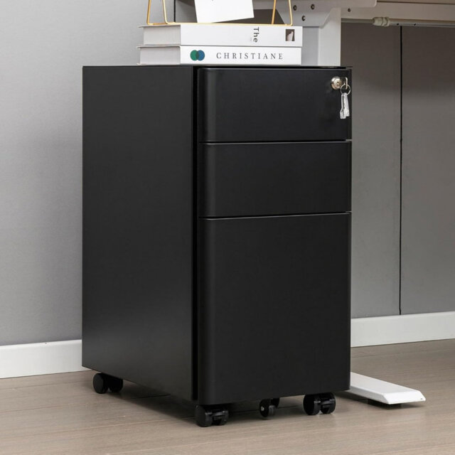 Lockable 3-Drawer Metal Filing Cabinet on Wheels Under Desk Filing Cabinets for Home Office, Black