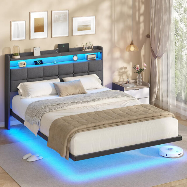 Floating Bed Frame 135×190CM /150×200CM with LED Lights & Charging Station, Metal Platform Bed frame with Upholstered Headboard, Easy Assembly,Noise F