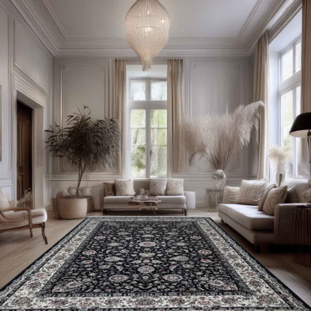 Minyatur Navy & White Medallion Area Rug – Traditional Low-Pile 100% Viscose Carpet, Flatwoven Design