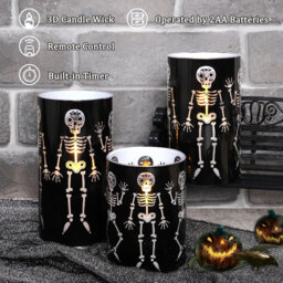 Glass Flameless Candles - Set of 3, Black with Funny Skeleton, Battery-Operated with Remote, Gothic Spooky LED Pillar, for Halloween/Haunted House/Cla
